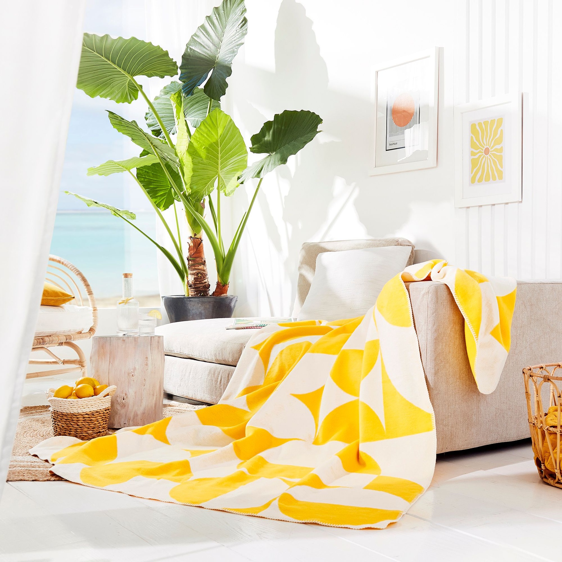 Lemon Yellow Geometric Retro Vibe Cotton Blend Throw Blanket